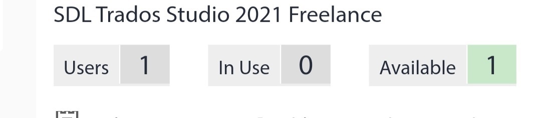 Screenshot showing SDL Trados Studio 2021 Freelance license information with 1 user, 0 in use, and 1 available.