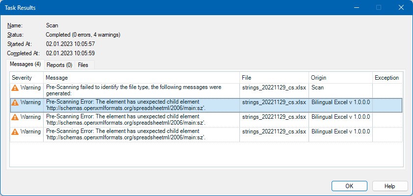 Trados Studio task results window showing 4 warnings for file 'strings_20221129_cs.xlsx' with pre-scanning errors related to unexpected child elements.