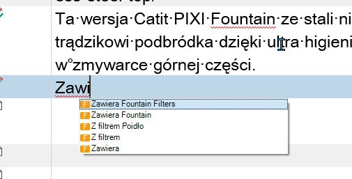Screenshot of Trados Studio showing a dropdown menu with options in Polish, including 'Zawiera Fountain Filters' and 'Zawiera Fountain'.