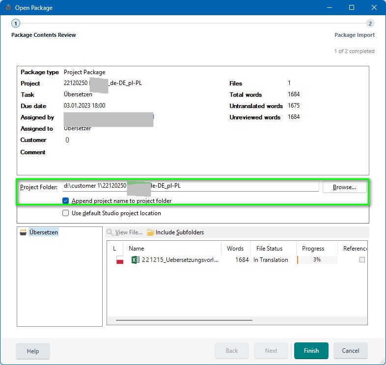 Trados Studio Open Package window showing Project Package details, with Project Folder path set to d:customer 1 and 'Append project name to project folder' option selected.