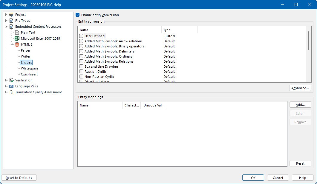 Trados Studio Project Settings window showing File Types expanded with 'Entities' selected. Entity conversion list includes User Defined, Math Symbols, and Cyrillic options.