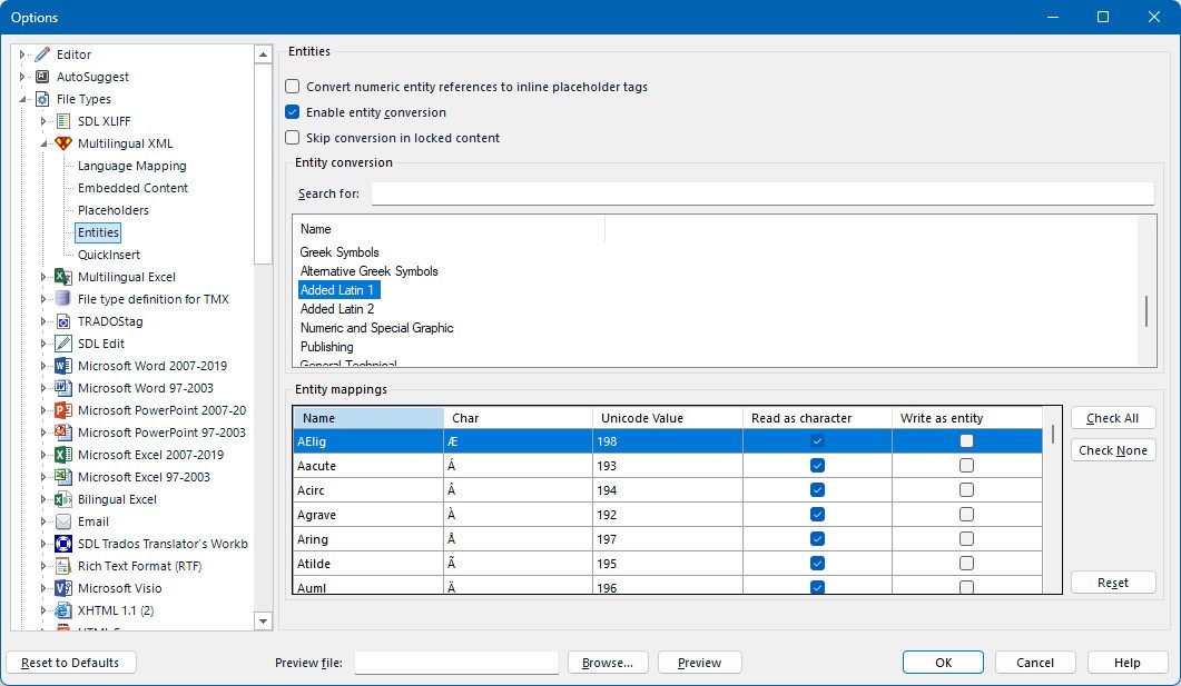 Trados Studio options window showing Multilingual XML file type settings with entities mapping for characters like AE ligature, A acute, A grave, and A ring with their Unicode values and checkboxes for 'Read as character' and 'Write as entity'.