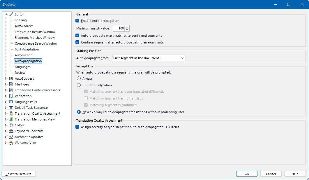 Trados Studio options menu with Auto-propagation settings displayed, including options for enabling auto-propagation, setting minimum match value, and prompting user conditions.