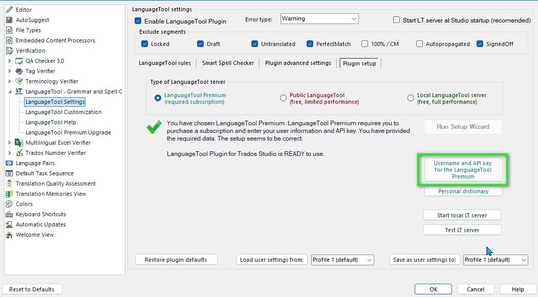 Trados Studio LanguageTool settings window showing options to enable plugin, error type warning, and server type selection. A green checkmark indicates LanguageTool Premium is ready to use with correct setup.