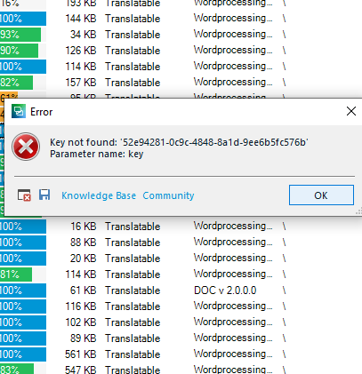 Error message in Trados Studio: 'Key not found: '52e94281-0c9c-4848-9a1d-9e6b5cf576b' Parameter name: key' with an OK button.