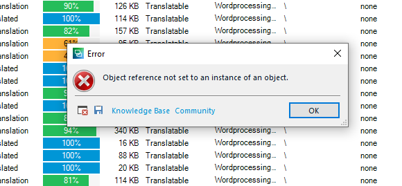 Error message in Trados Studio: 'Object reference not set to an instance of an object.' with an OK button.
