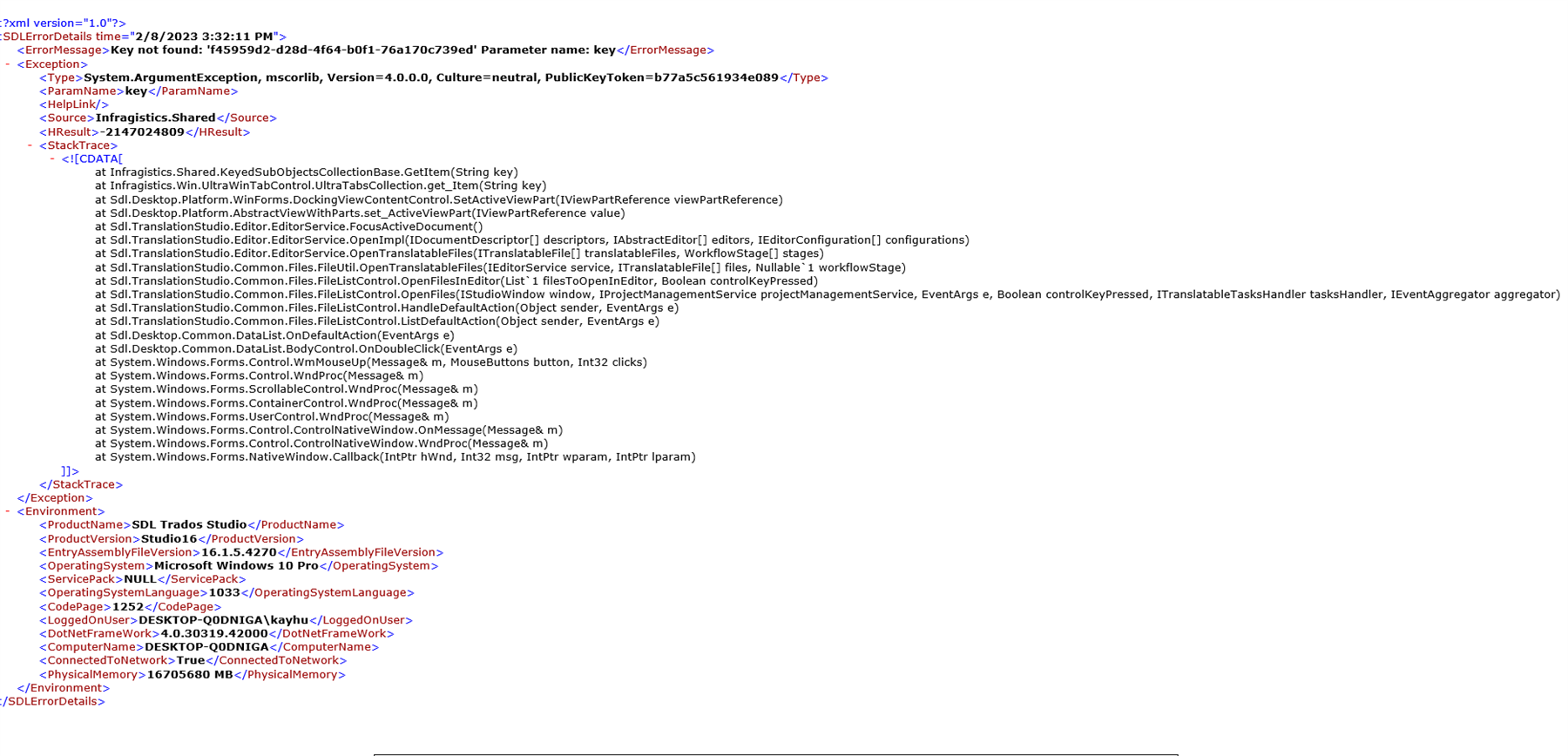 XML error details from Trados Studio with system information and a stack trace showing various method calls and exceptions.