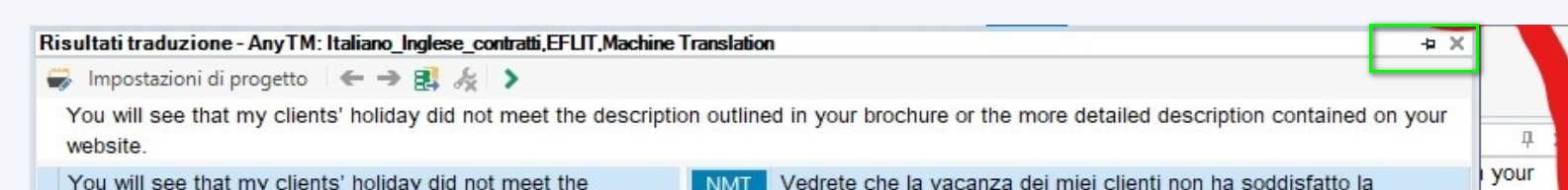 Trados Studio interface showing the 'Risultati traduzione' window undocked and floating, with a green box highlighting the pin icon to re-dock it.