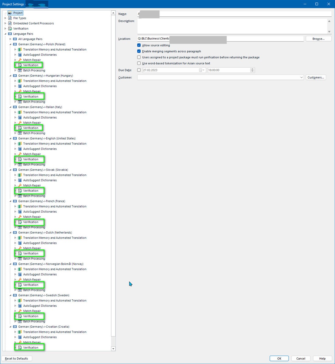 Screenshot of Trados Studio Project Settings window showing a list of language pairs with Verification settings for each pair, and project options on the right side.