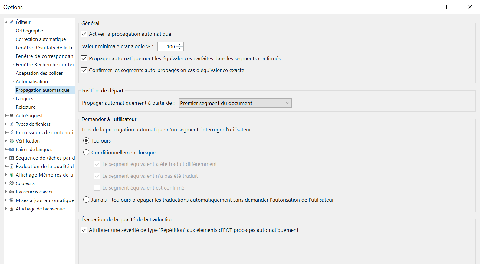 Screenshot of Trados Studio settings in French, showing options for automatic propagation with checkboxes for minimum analysis value, perfect match propagation, and exact match confirmation.