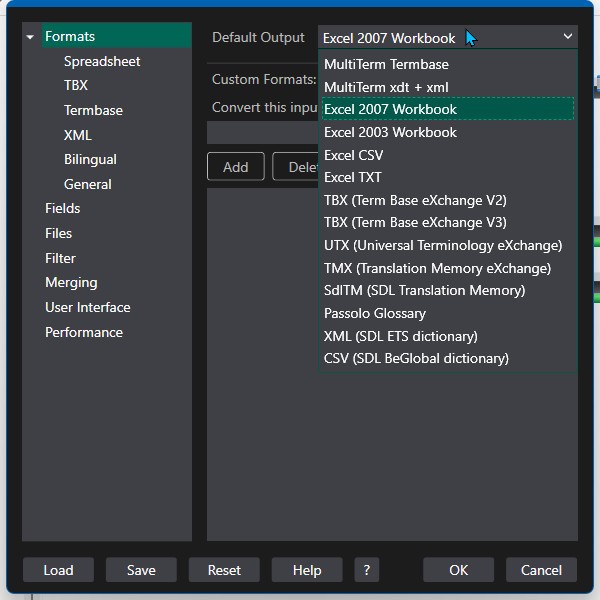 Trados Studio settings window showing Formats section with Default Output dropdown menu set to 'Excel 2007 Workbook'. Options to Add, Delete, Load, Save, Reset, Help, and OK are visible.