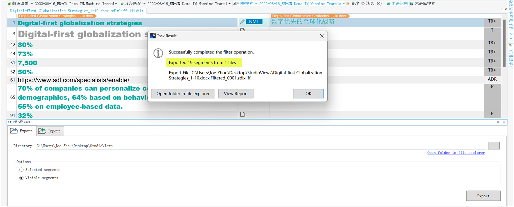 Trados Studio screenshot showing a Task Result pop-up with a message 'Successfully completed the filter operation. Exported 19 segments from 1 files' and file path for the exported file.
