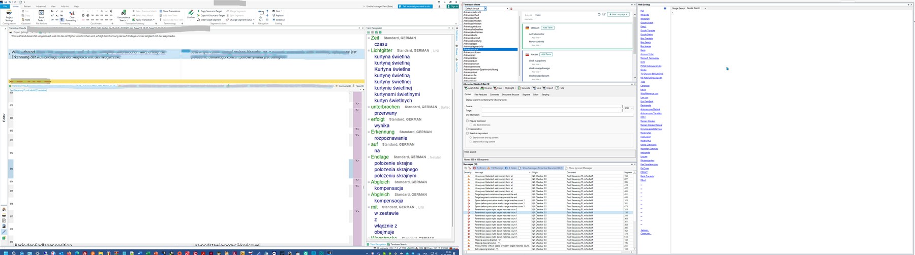 Screenshot of Trados Studio 2021 interface showing the translation editing area, term recognition window, and various menu options.