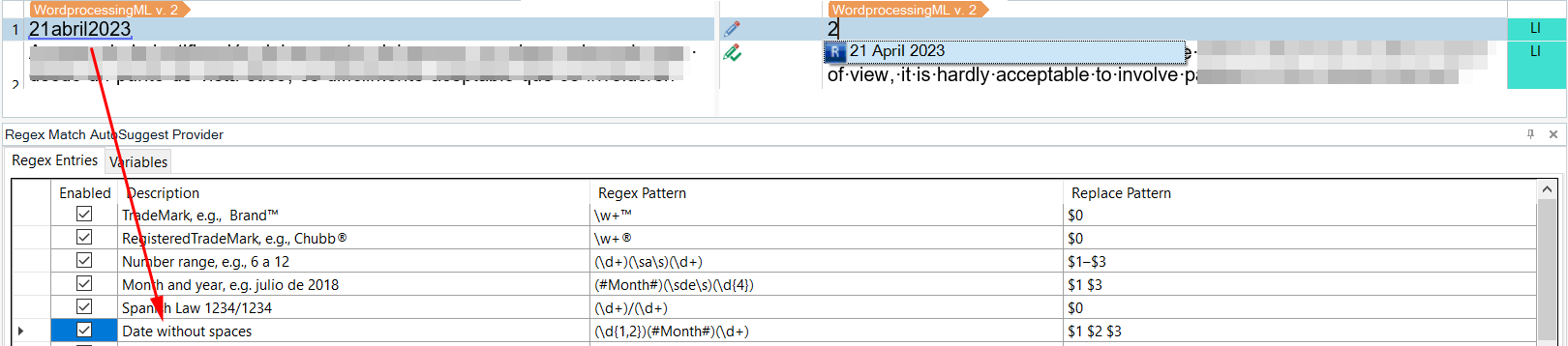 Screenshot of Trados Studio interface showing a source segment '21abril2023' with a red underline indicating an error, and the autosuggest popup displaying the corrected date format '21 April 2023'.