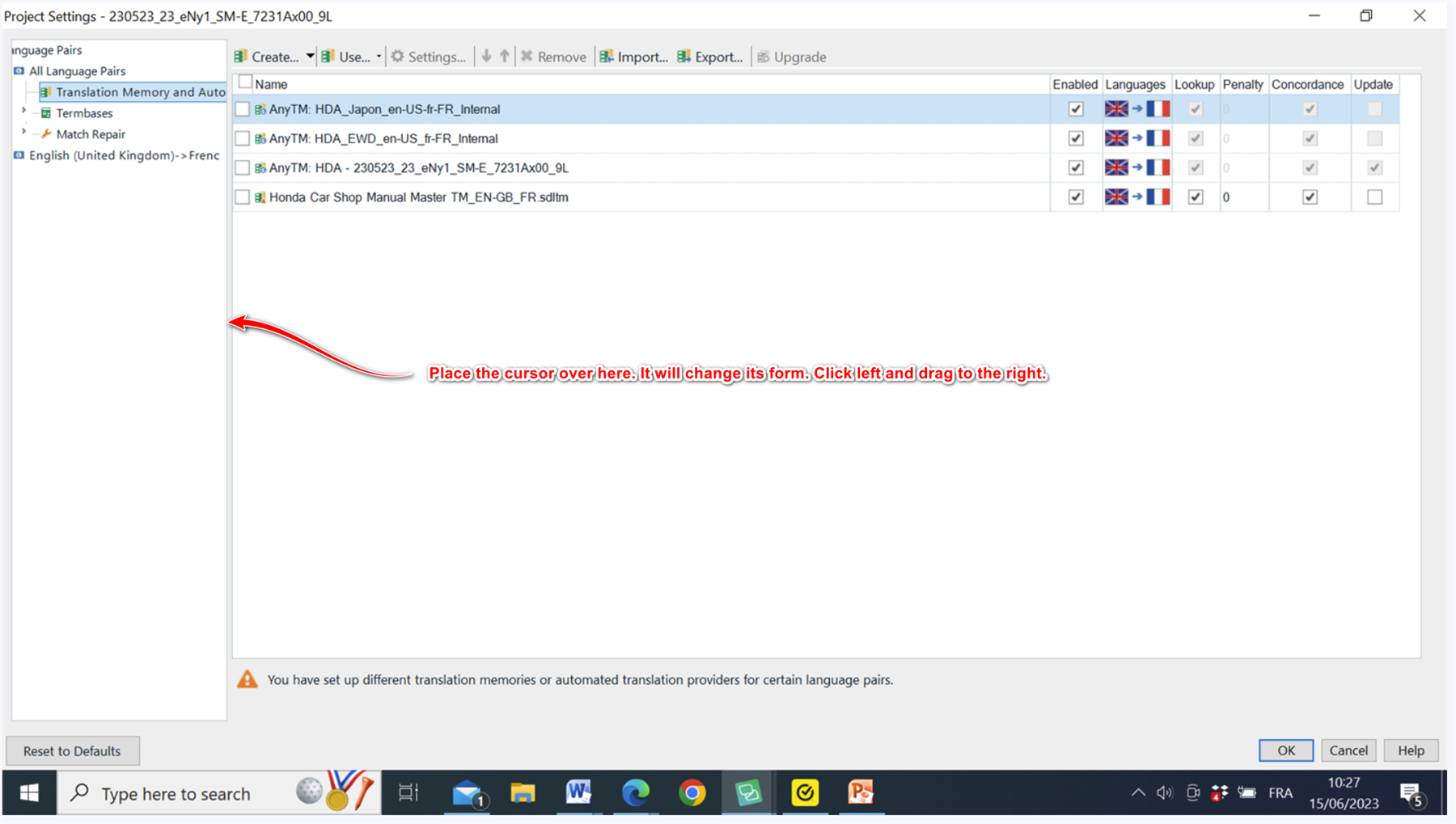 Trados Studio Project Settings window showing a list of Translation Memories with a warning message about different translation memories for certain language pairs.