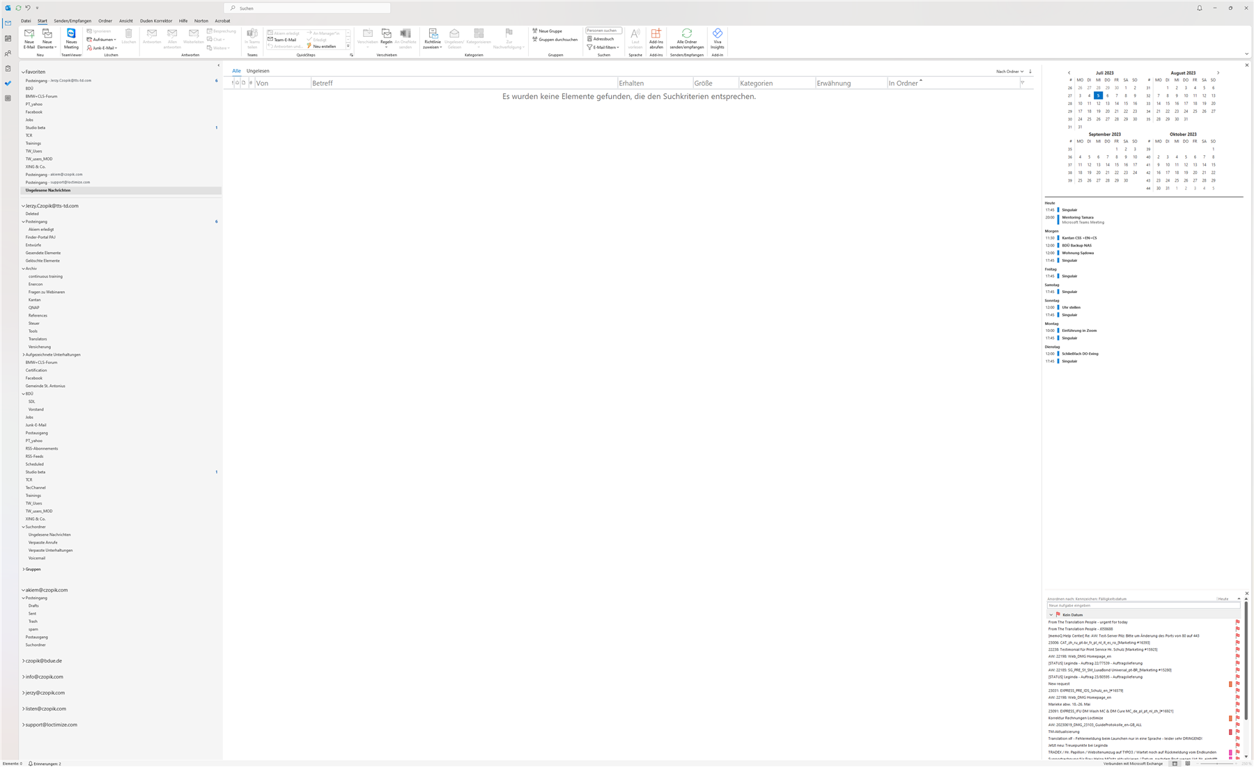 Screenshot of Microsoft Outlook with an empty inbox and a message stating 'Es wurden keine Elemente gefunden, die den Suchkriterien entsprechen.'