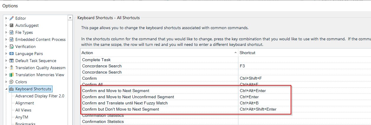 Trados Studio Options menu with Keyboard Shortcuts tab selected, showing a list of actions and their corresponding shortcuts. 'Confirm and Move to Next Segment' is highlighted with a red box around the shortcut Ctrl+Alt+Enter.