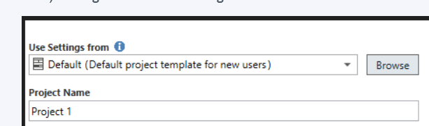 Trados Studio Project Wizard showing 'Use Settings from' with 'Default' selected and a 'Browse' button, followed by 'Project Name' with 'Project 1' entered.