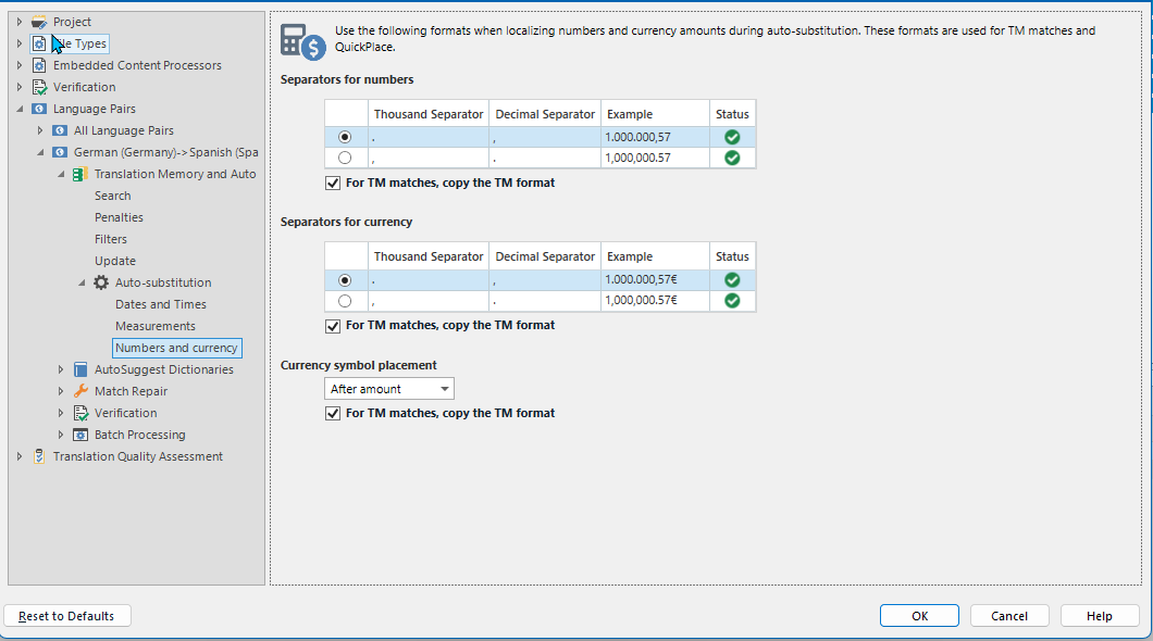 Trados Studio project settings showing options for number and currency auto-substitution with examples and status indicators.
