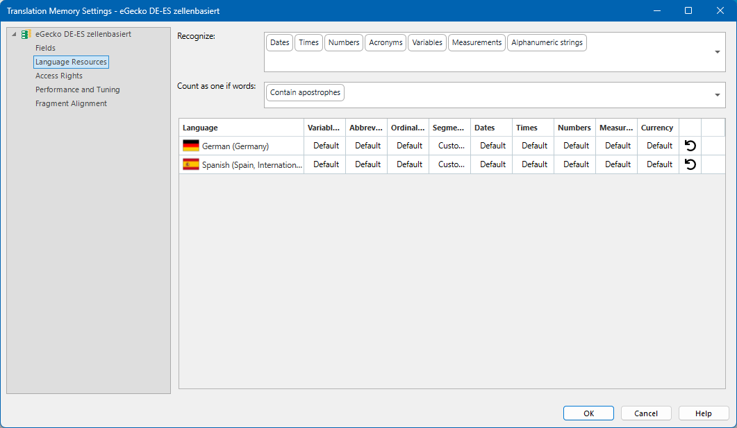 Translation Memory settings in Trados Studio with options for recognizing various elements like dates, times, and numbers for German and Spanish languages.