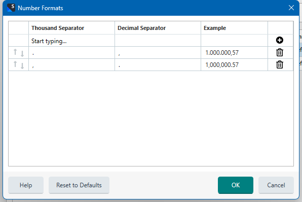 Number Formats dialog in Trados Studio allowing customization of thousand and decimal separators with examples provided.