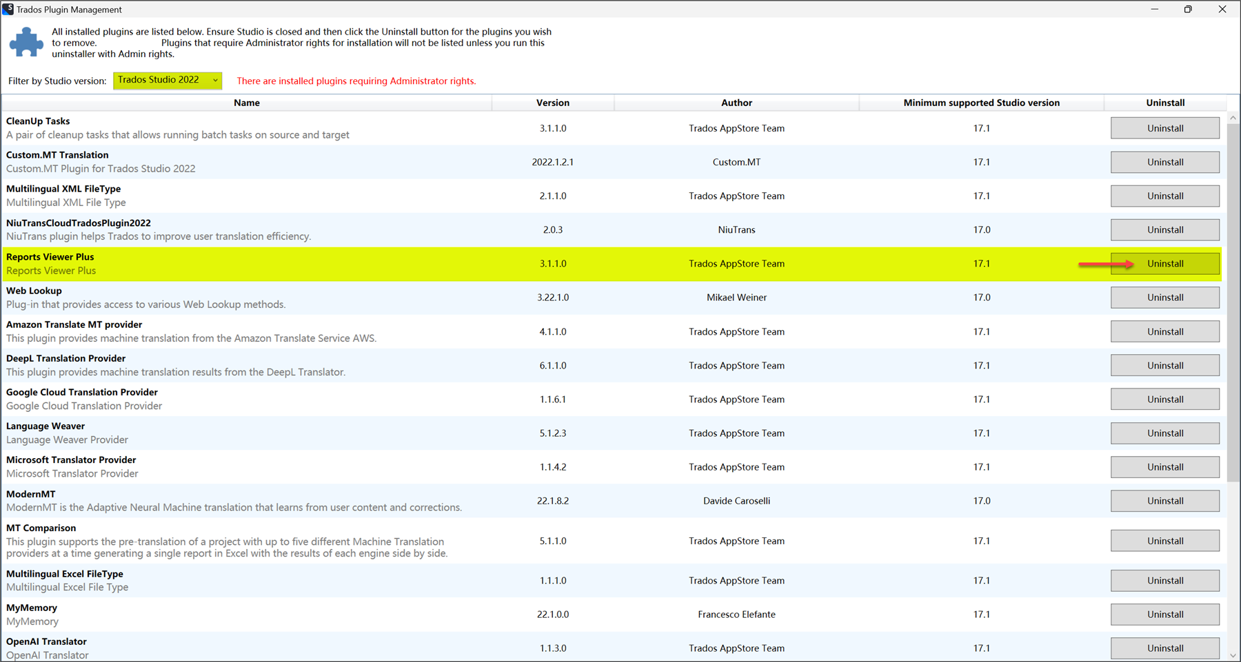 Trados Plugin Management window showing a list of installed plugins with 'Reports Viewer Plus' highlighted in yellow and an arrow pointing to the 'Uninstall' button.