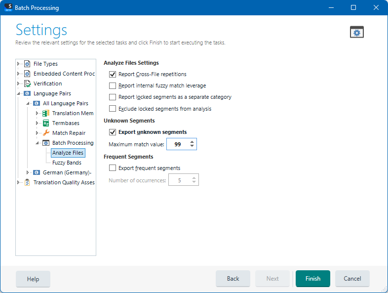 Trados Studio screenshot of Batch Processing settings with 'Export unknown segments' checked and maximum match value set to 99.