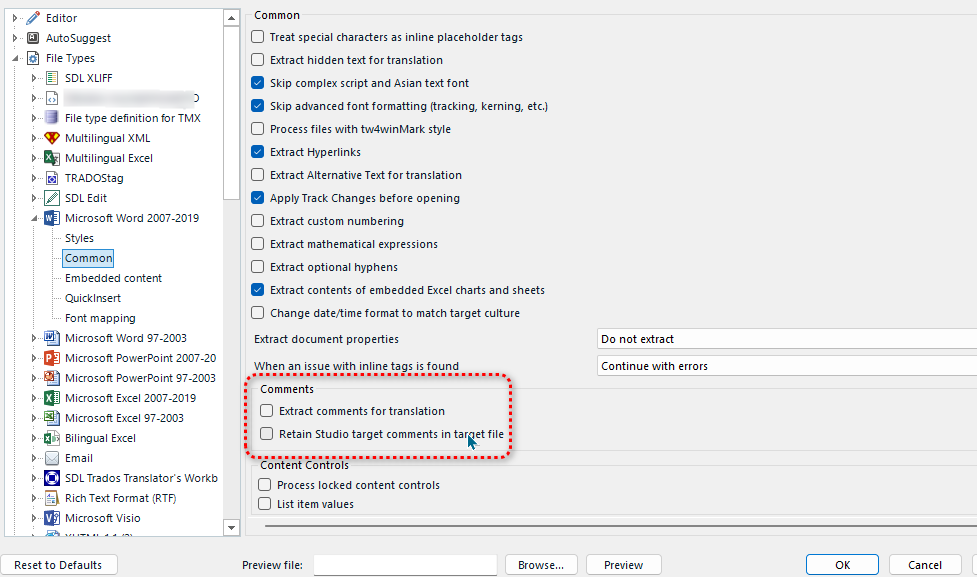 Trados Studio project settings window with a list of file types on the left. An error is indicated with a red dashed border around 'Retain Studio target comments in target file' option.