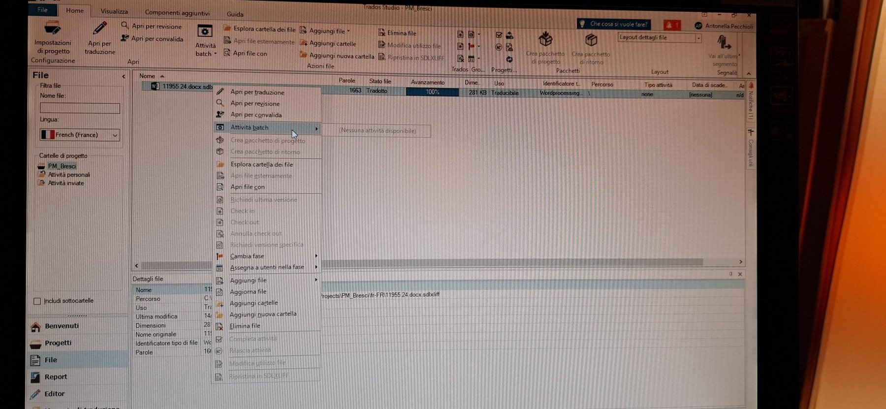 Screenshot of Trados Studio with an error message in the Batch Tasks pane saying 'No task available' in Italian.