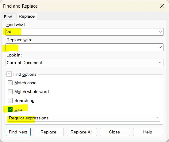 Trados Studio Find and Replace dialog box with 'Find what' field containing space followed by a period, 'Replace with' field containing a period, and 'Regular expressions' checked.