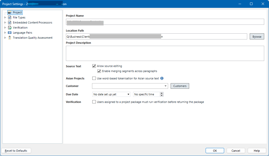 Trados Studio Project Settings window with 'Project' selected in the left sidebar. 'Allow source editing' checkbox is checked under the 'Source Text' section.