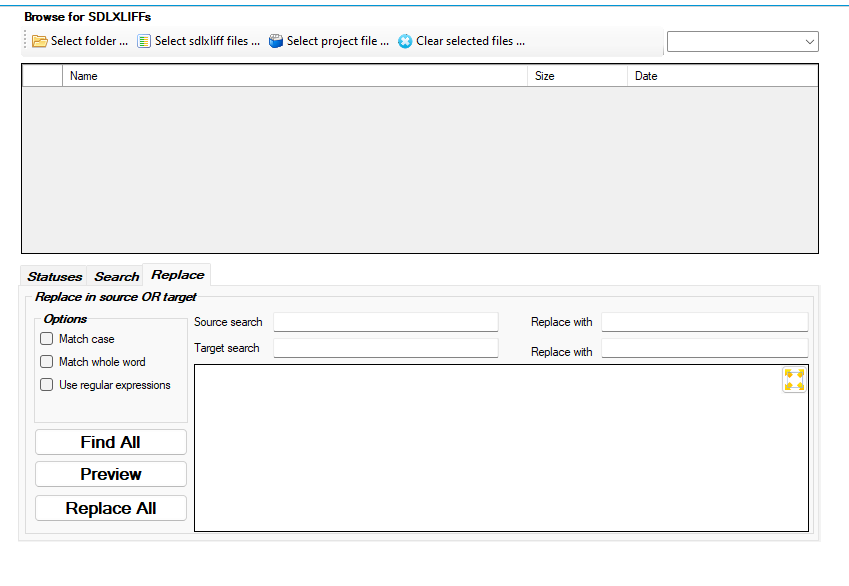 Screenshot of Trados Studio plugin interface with options to browse for SDLXLIFFs, including buttons for selecting folder, SDLXLIFF files, project file, and clearing selected files. A 'Replace in source OR target' section with search and replace fields is visible.