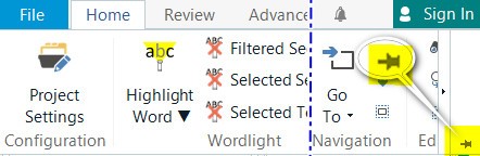 Screenshot of Trados Studio with the Home tab active. A yellow highlighted pin icon for 'Expand the Ribbon' is in the upper right corner, next to the 'Sign In' button.