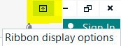Close-up of Trados Studio interface showing the 'Ribbon display options' icon highlighted in yellow, with 'Sign In' text partially visible.