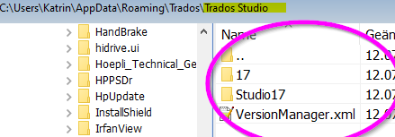 Screenshot of a Windows file explorer window showing the contents of the Trados Studio folder with a highlighted folder named '17' and a file named 'VersionManager.xml'.