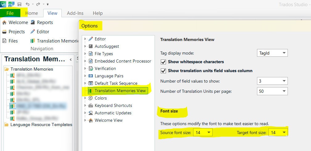Screenshot of Trados Studio with the Options menu open, highlighting Translation Memories View. Options for tag display mode, whitespace characters, and font size are visible.