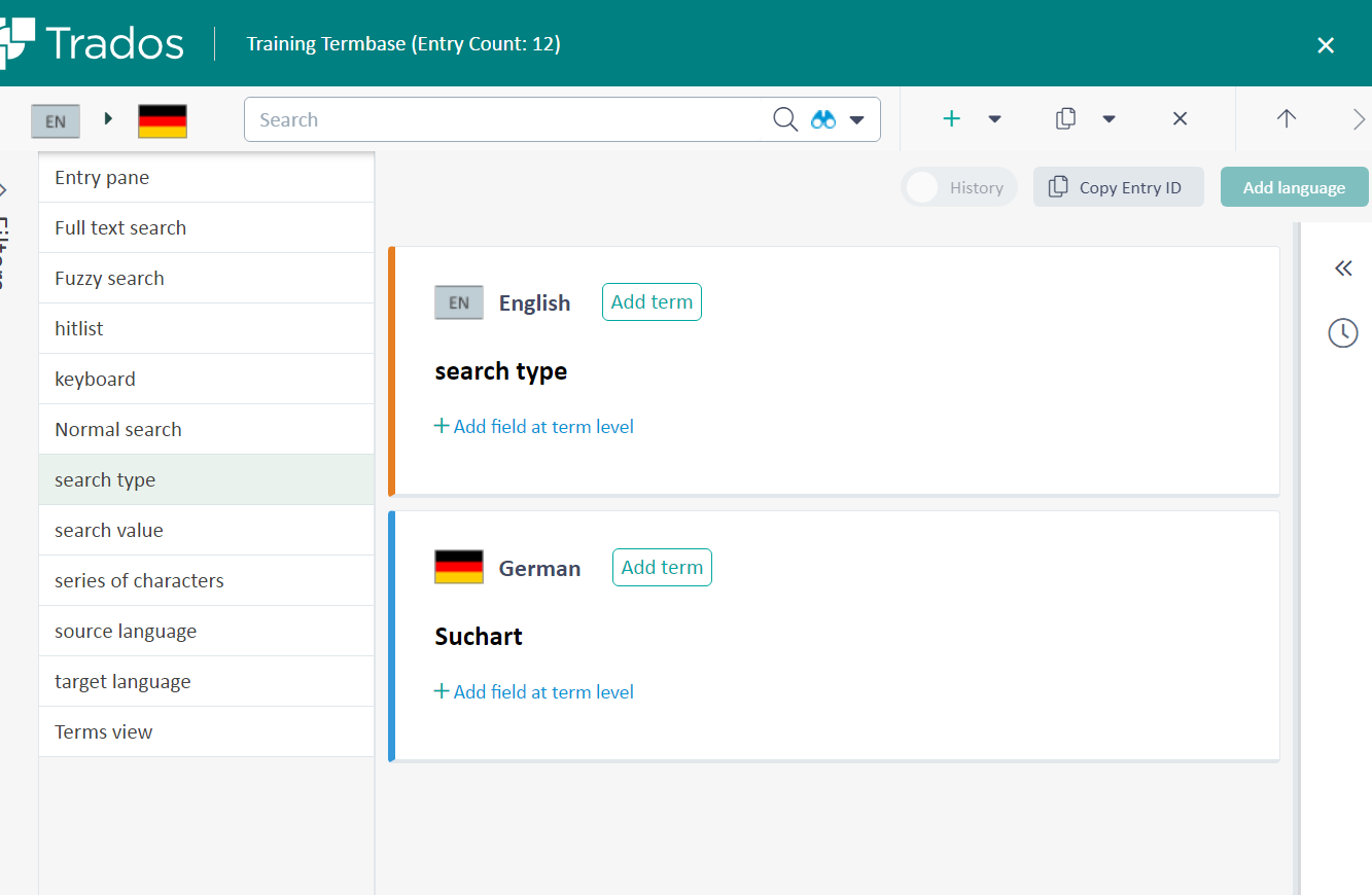 Trados Studio termbase management window showing an entry for 'search type' in English and 'Suchart' in German, indicating the termbase is functioning.