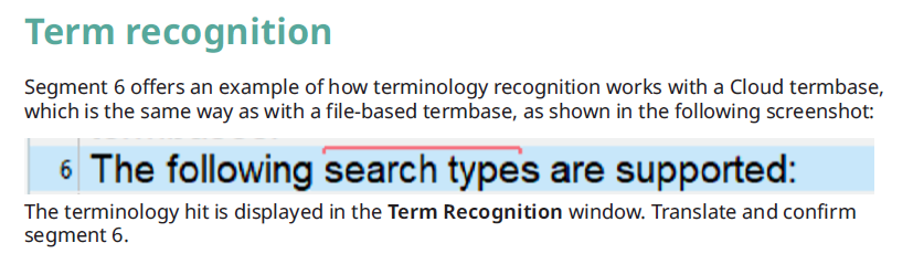 Screenshot of a workbook section on term recognition, highlighting the phrase 'The following search types are supported'.