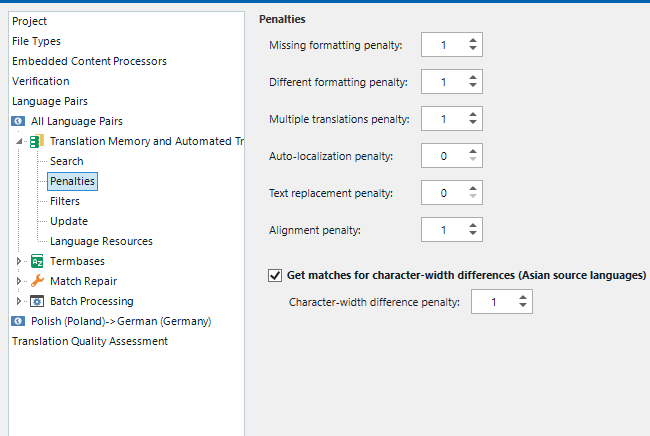 Screenshot of Trados Studio Project Settings showing Penalties section with various penalties set to 1 and the Alignment penalty option highlighted.