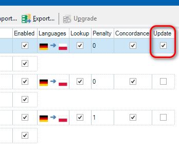 Screenshot of Trados Studio project settings showing three Translation Memories (TMs) with the 'Update' checkbox selected for the first TM.