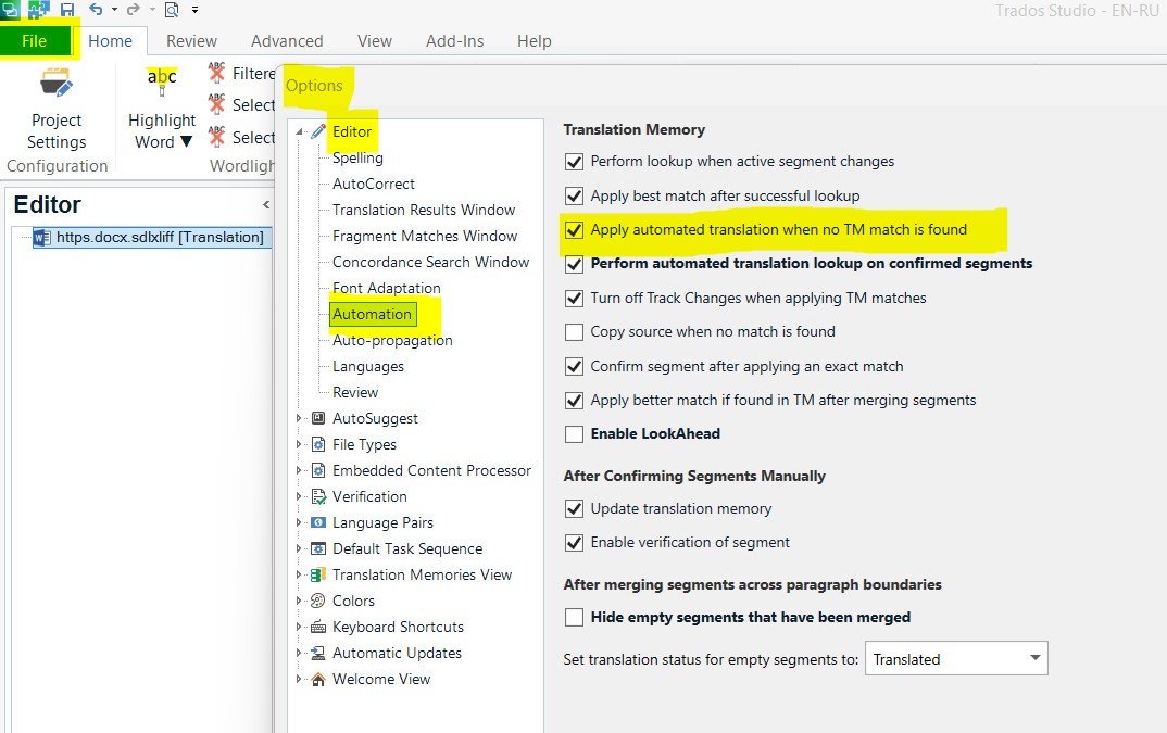 Screenshot of Trados Studio options menu highlighting the 'Apply automated translation when no TM match is found' setting checked under Editor > Automation.