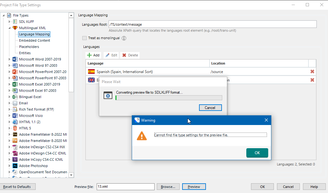 Trados Studio warning dialog box stating 'Cannot find file type settings for the preview file.' with a conversion progress bar in the background.