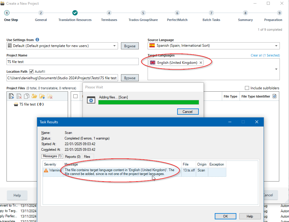 Trados Studio new project creation window with a warning message 'The file contains target language content in 'English (United Kingdom)'. The file cannot be added, since it is not one of the project target languages.'