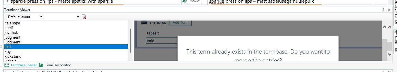 Screenshot of Trados Studio 2022 SR2 showing a partially visible dialog box with the message 'This term already exists in the termbase. Do you want to merge the entries?' The bottom part of the dialog box with action buttons is not visible.