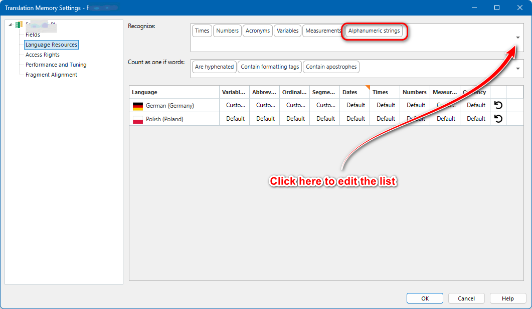 Screenshot of Translation Memory Settings in Trados Studio with a red box highlighting 'Alphanumeric strings' and an arrow pointing to a dropdown menu with text 'Click here to edit the list'.