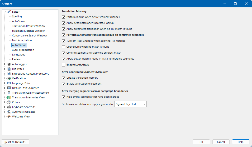 Screenshot of the 'Options' menu in Trados Studio under 'Editor' and 'Automation' showing various checked options for Translation Memory and segment handling.