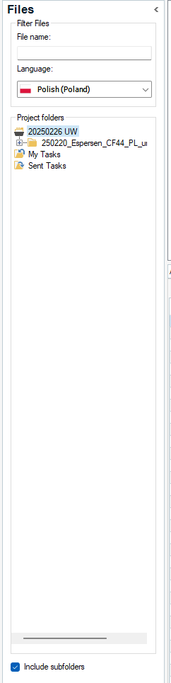 Screenshot of Trados Studio's Files view with a filter section above and project folders listed below. Language is set to Polish (Poland). Folders shown include '20250226 UW' and '250220_Espersen_CF44_PL_u' with subfolders 'My Tasks' and 'Sent Tasks'. 'Include subfolders' option is checked.