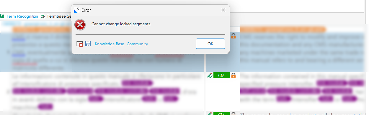 Error message in Trados Studio stating 'Cannot change locked segments' with an OK button and links to Knowledge Base and Community.