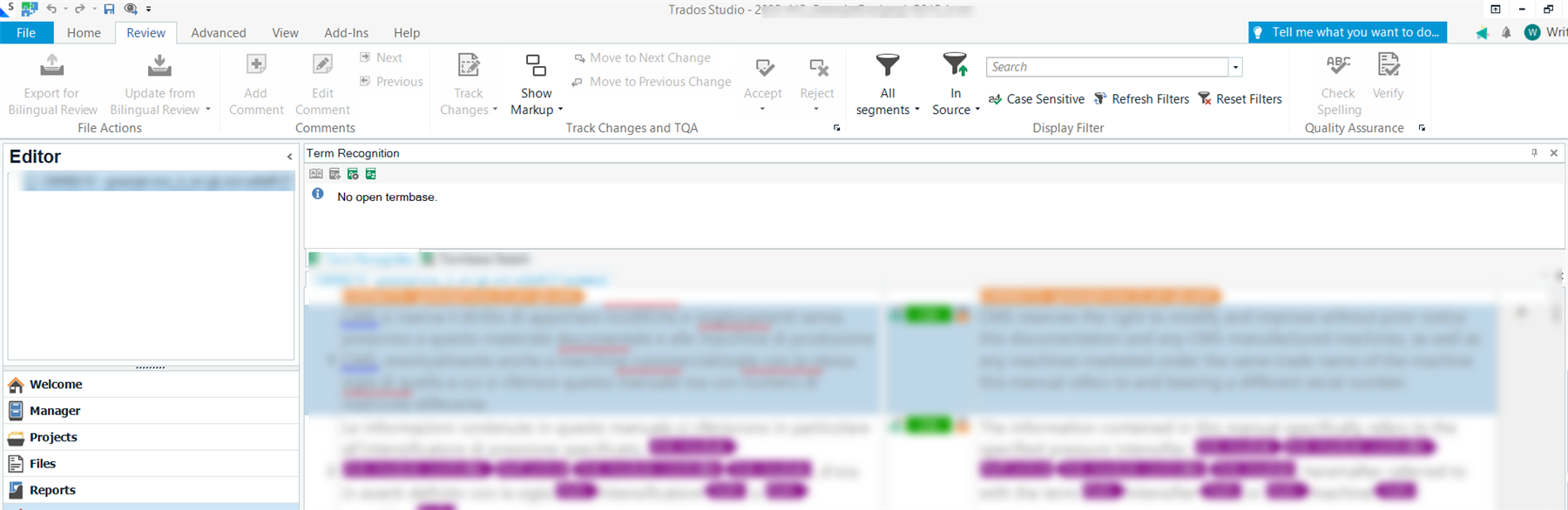 Trados Studio interface showing the Editor pane, Term Recognition pane with 'No open termbase' message, and toolbar options like Track Changes and Display Filter.