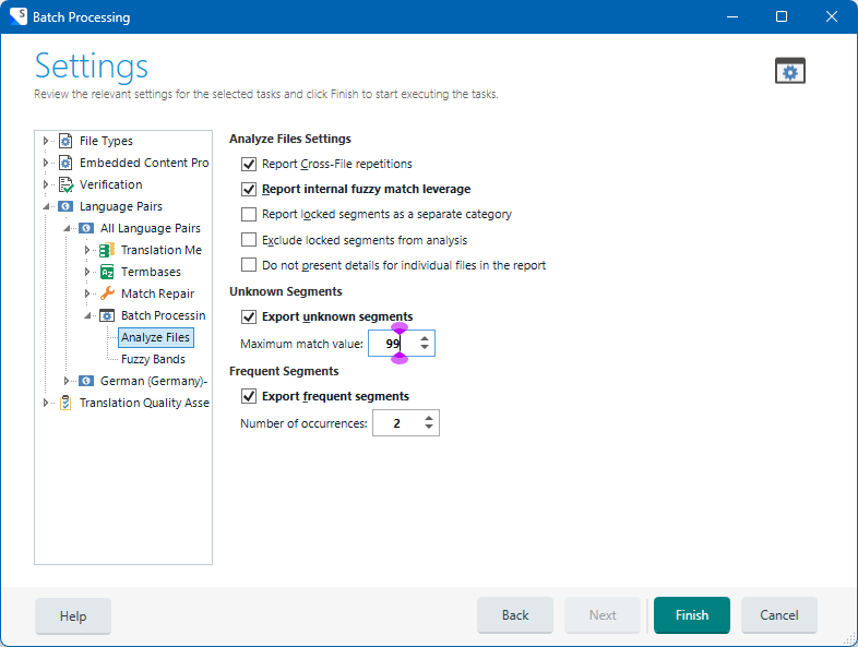 Trados Studio Batch Processing settings window showing options for Analyze Files, including Export unknown segments with a maximum match value of 99 and Export frequent segments with occurrences set to 2.